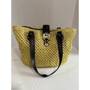 Michael Kors Womens Santorini Tote Bag Yellow Black Straw Patent Leather Woven